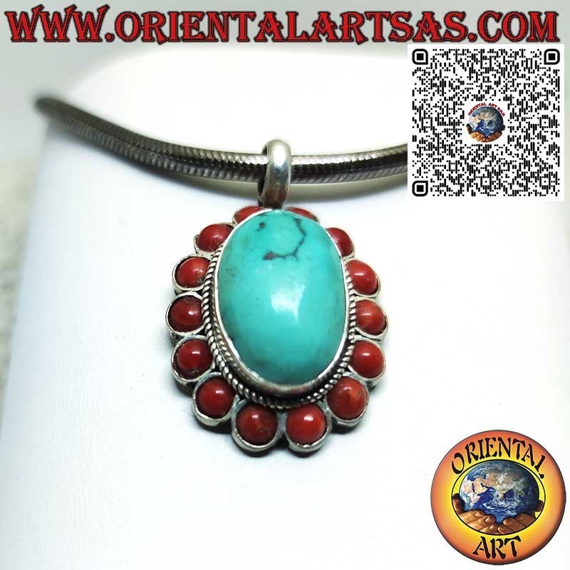 Colgante de plata con turquesa tibetana natural y 14 corales rojos