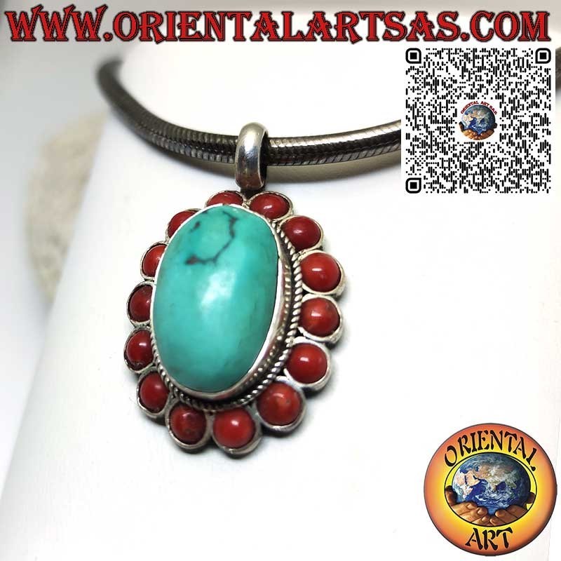 Ciondolo in argento con turchese tibetano naturale e 14 coralli rossi