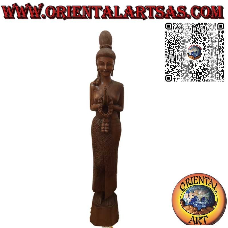 Scultura donna Thai con saluto Sawasdee in legno e intagli floreali 150 cm