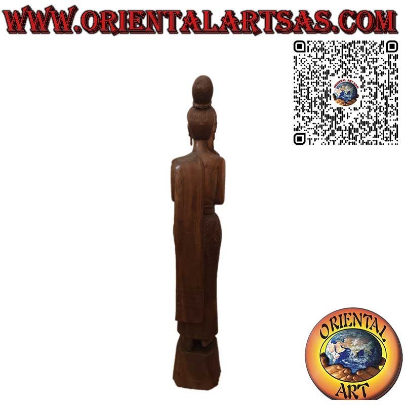 Thai woman sculpture with Sawasdee greeting in wood, floral carvings, 150 cm