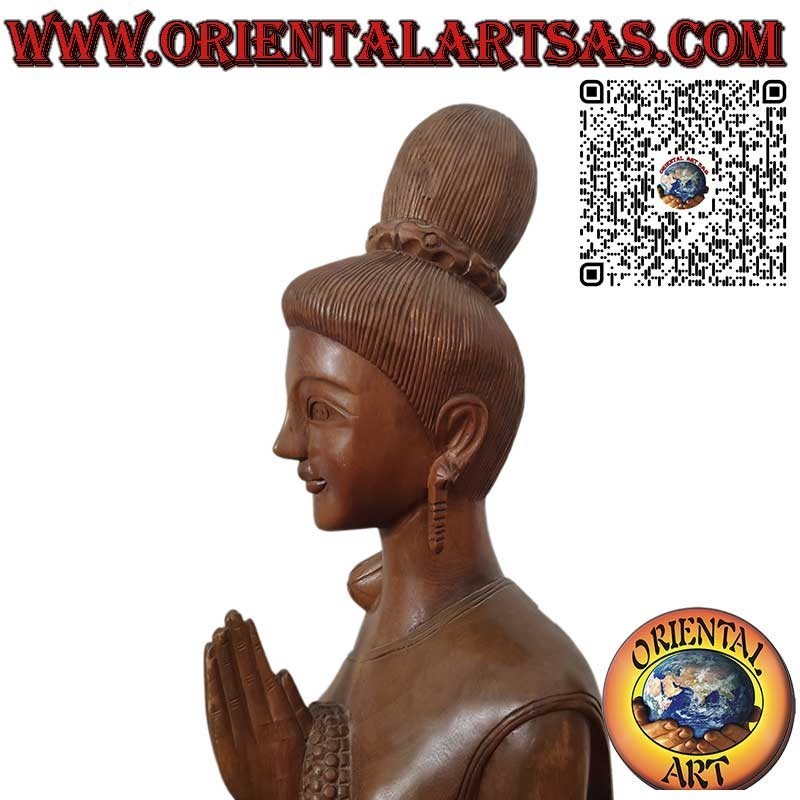 Scultura donna Thai con saluto Sawasdee in legno e intagli floreali 150 cm