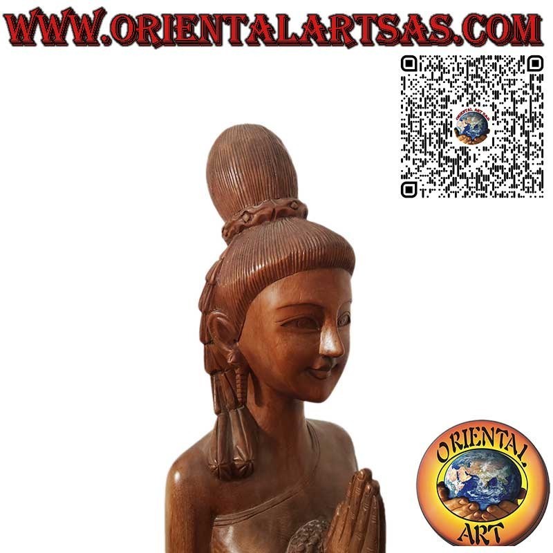 Thai woman sculpture with Sawasdee greeting in wood, floral carvings, 150 cm