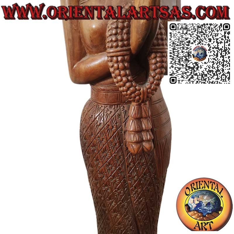 Thailändische Frau Skulptur mit Sawasdee-Gruß aus Holz, Blumenmuster, 150 cm