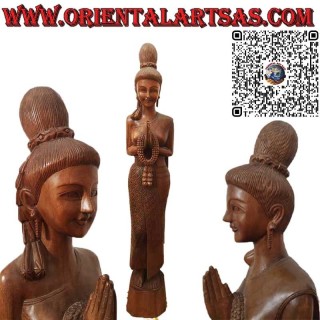 Thai woman sculpture with Sawasdee greeting in wood, floral carvings, 150 cm