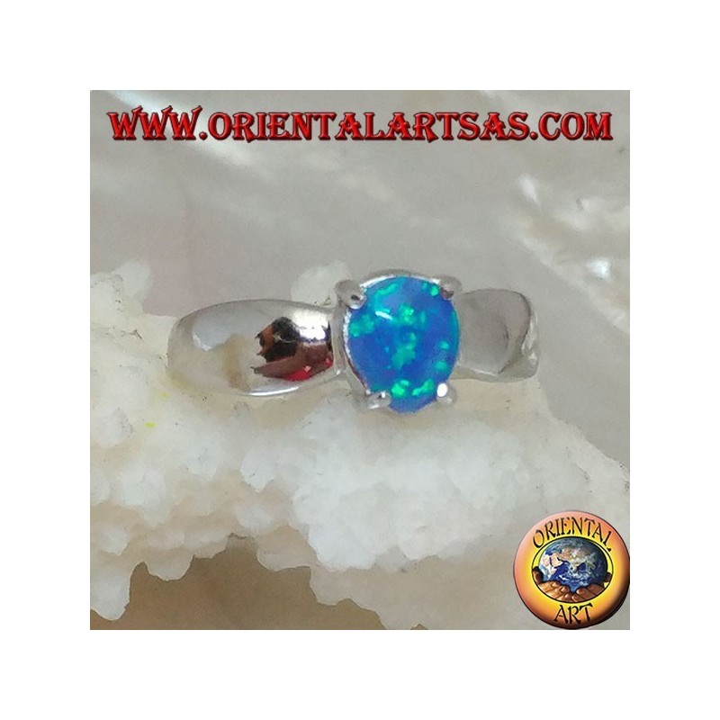 Silver ring with oval blue opal set and bow setting