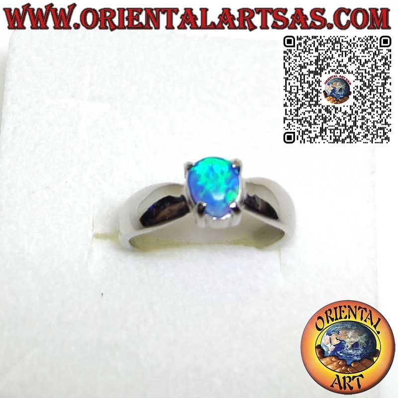 Anello in argento 925 con opale blu a goccia incastonato a 4 griffe