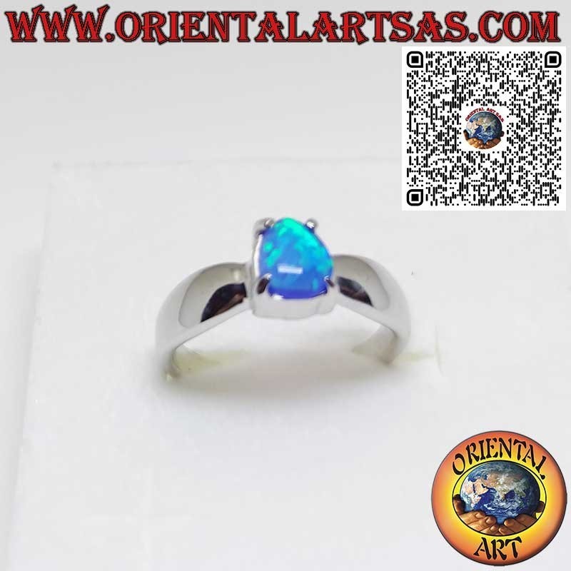 Anillo de plata 925 con ópalo azul en forma de gota engastado en 4 garras