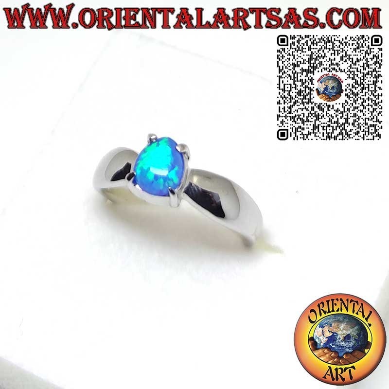 925er Silberring mit tropfenförmigem blauem Opal in 4 Krappen gefasst