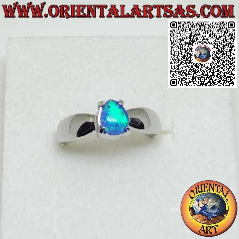 925 Sterling Silver Ring with Teardrop Blue Opal Set in 4 Prongs