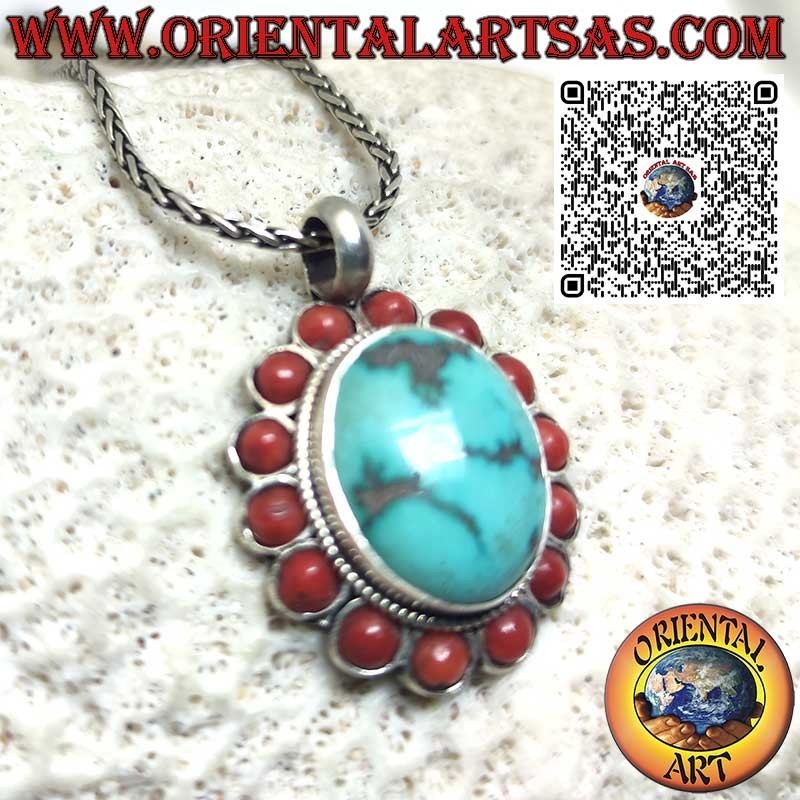 Ciondolo in argento 925 con Turchese tibetano naturale e 14 Coralli