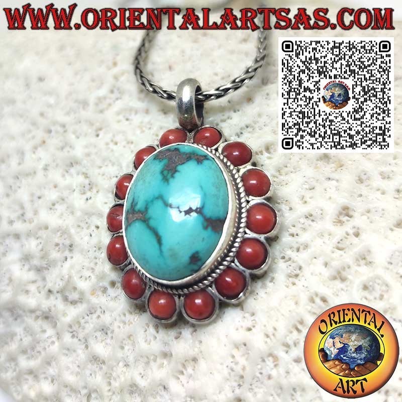 Colgante de plata 925 con turquesa tibetana natural y 14 corales