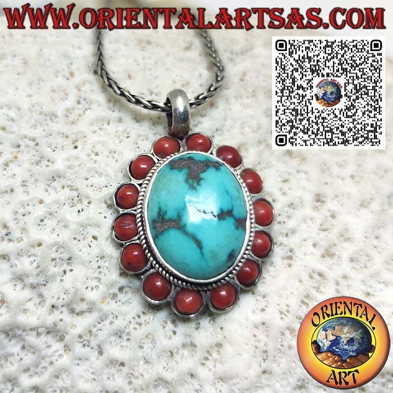 925 Sterling Silver Pendant with Natural Tibetan Turquoise and 14 Corals