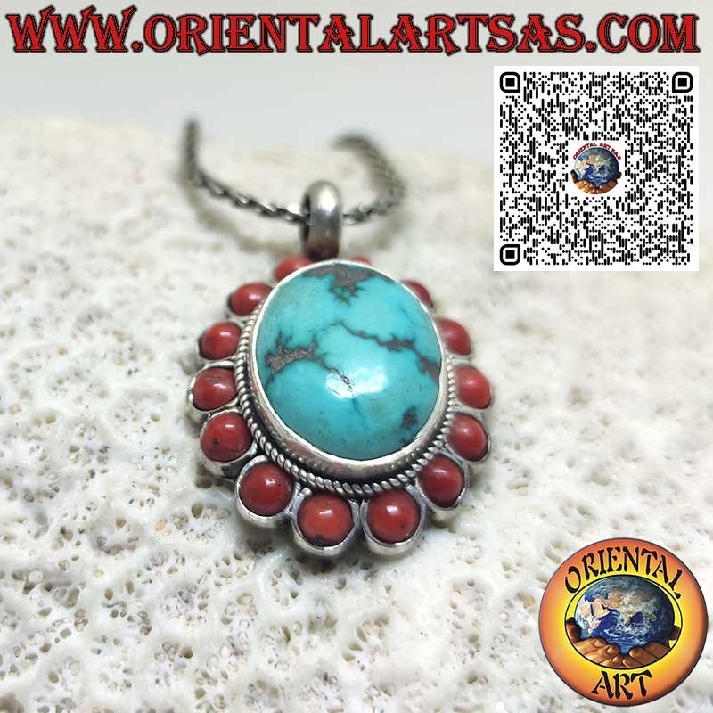Ciondolo in argento 925 con Turchese tibetano naturale e 14 Coralli