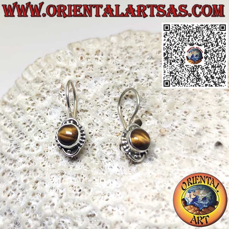 Round Silver Earrings with Tiger’s Eye and Beaded Edge – Hook Closure
