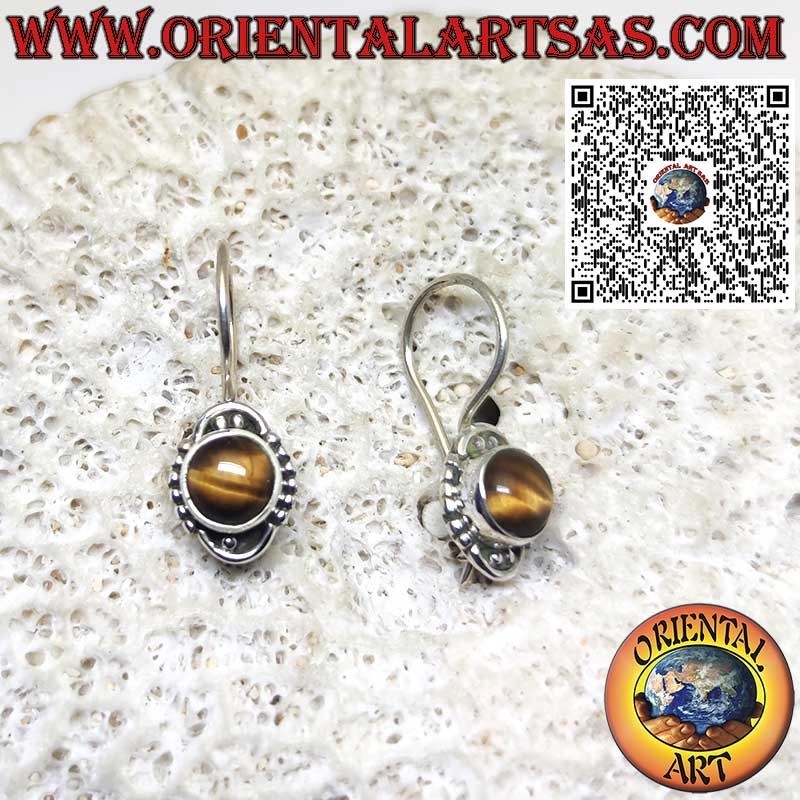 Boucles d’oreilles rondes en argent avec œil de tigre et perles – Fermoir crochet