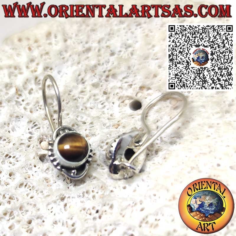 Boucles d’oreilles rondes en argent avec œil de tigre et perles – Fermoir crochet