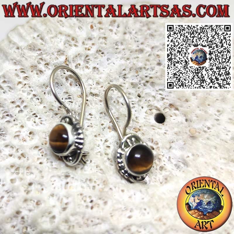 Round Silver Earrings with Tiger’s Eye and Beaded Edge – Hook Closure