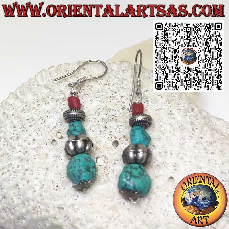 Pendientes de plata con cierre de esfera entre turquesa tibetana antigua y cilindro de coral natural
