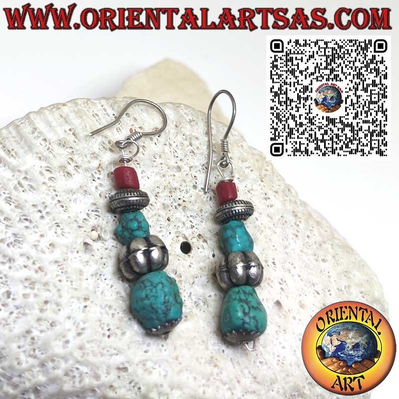 Silver leverback earrings with sphere between ancient Tibetan turquoise and natural coral cylinder