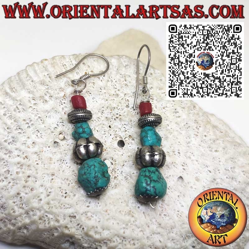 Silver leverback earrings with sphere between ancient Tibetan turquoise and natural coral cylinder