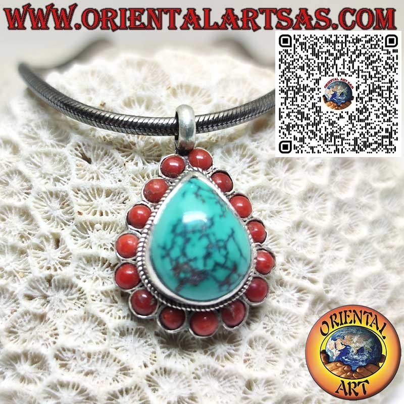 Pendentif en argent 925 avec turquoise tibétaine naturelle en goutte et 15 coraux naturels