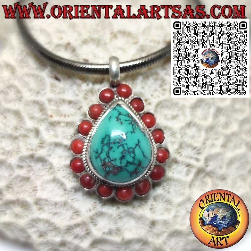 925 Silver Pendant with Natural Drop-Shaped Tibetan Turquoise and 15 Natural Corals