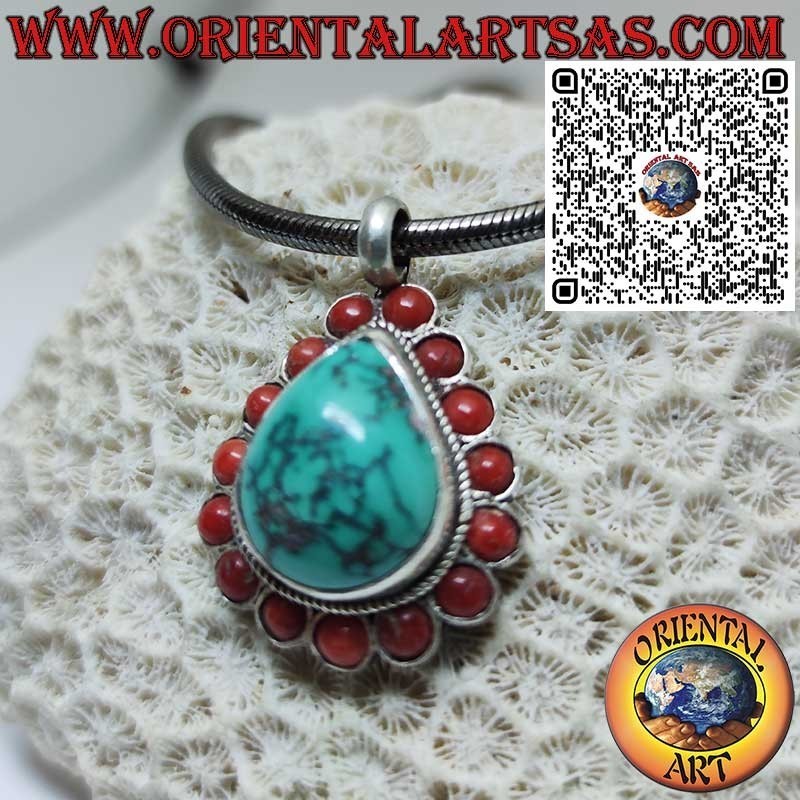 Pendentif en argent 925 avec turquoise tibétaine naturelle en goutte et 15 coraux naturels