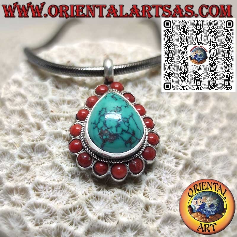 925 Silver Pendant with Natural Drop-Shaped Tibetan Turquoise and 15 Natural Corals