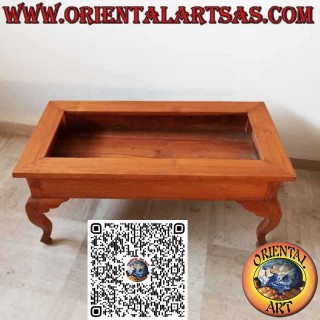 Rectangular low display table in solid teak with lift-up glass top