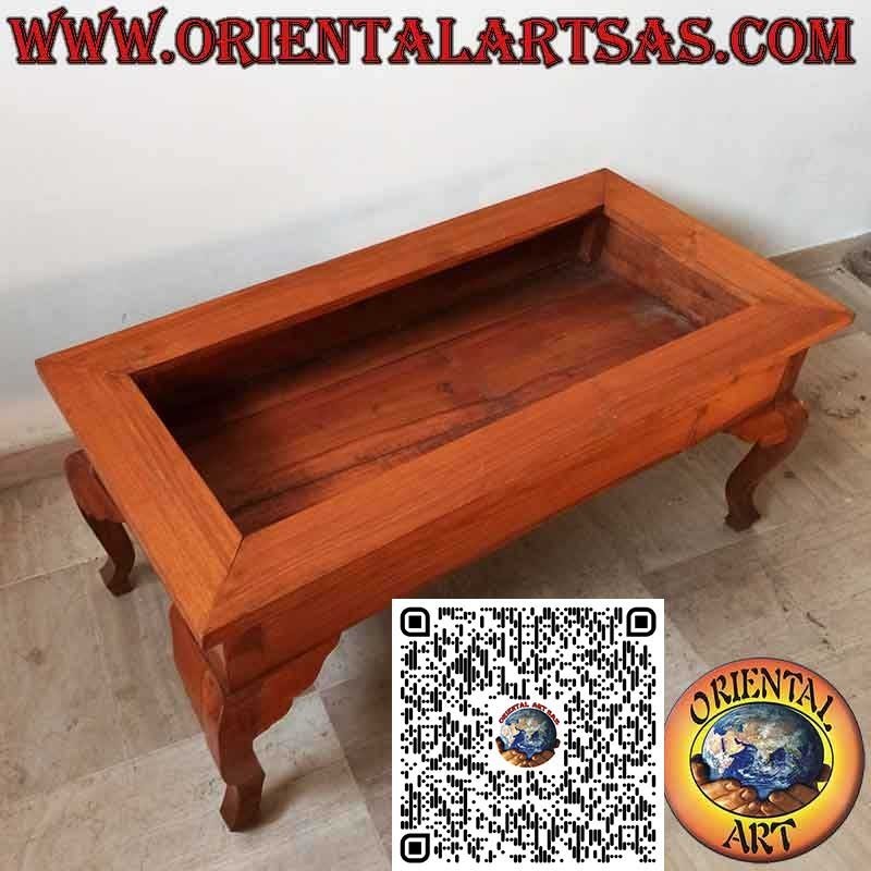 Tavolo basso espositore rettangolare in teak massello con vetro apribile