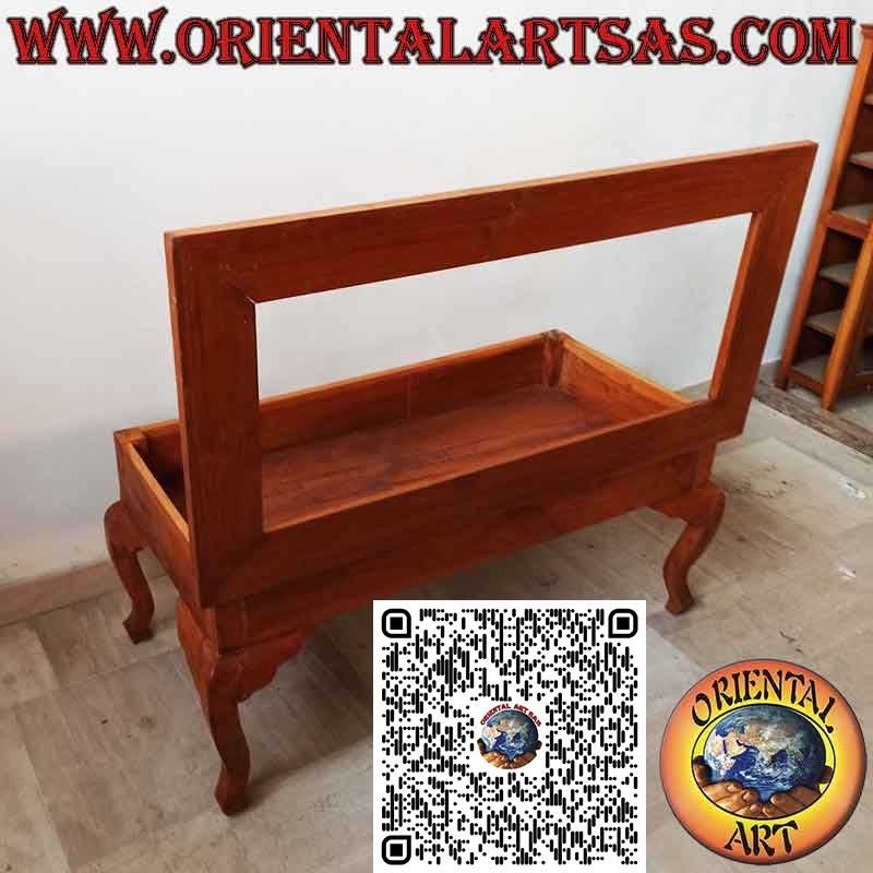 Rectangular low display table in solid teak with lift-up glass top