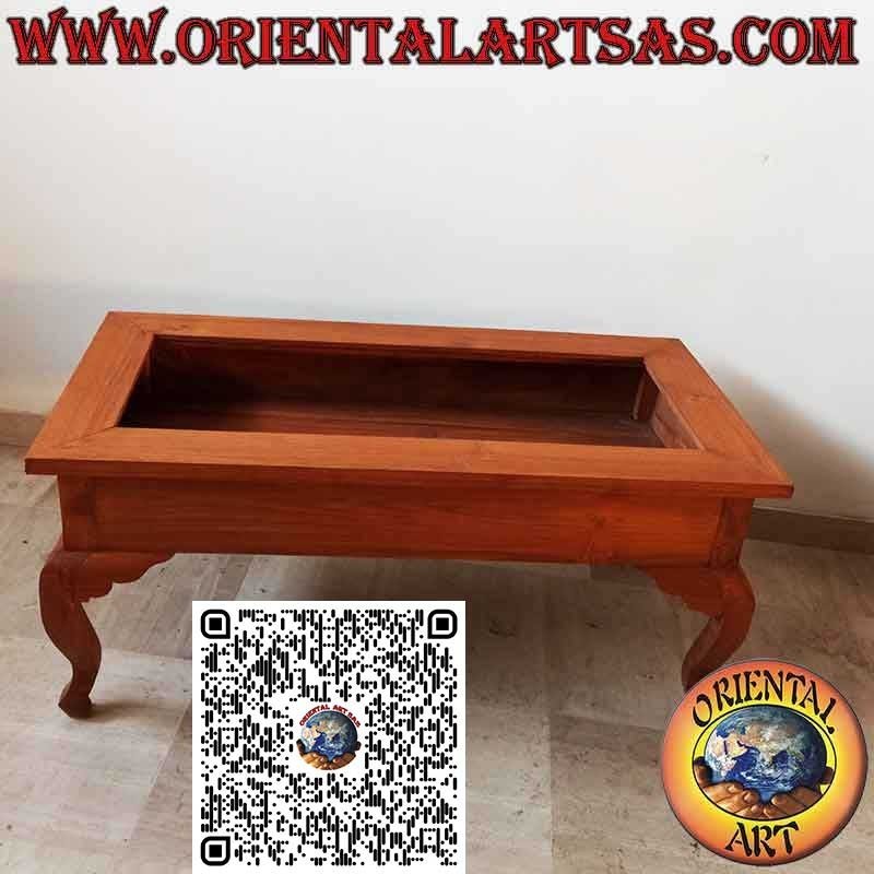 Mesa baja rectangular expositora de madera maciza de teca con tapa de vidrio abatible