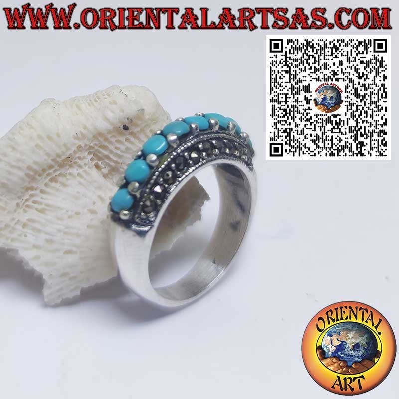 Silver band ring with turquoise and marcasite – Vintage look