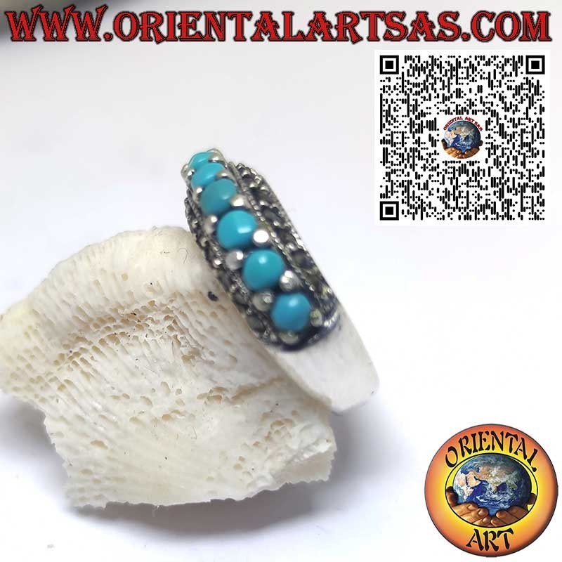 Silver band ring with turquoise and marcasite – Vintage look