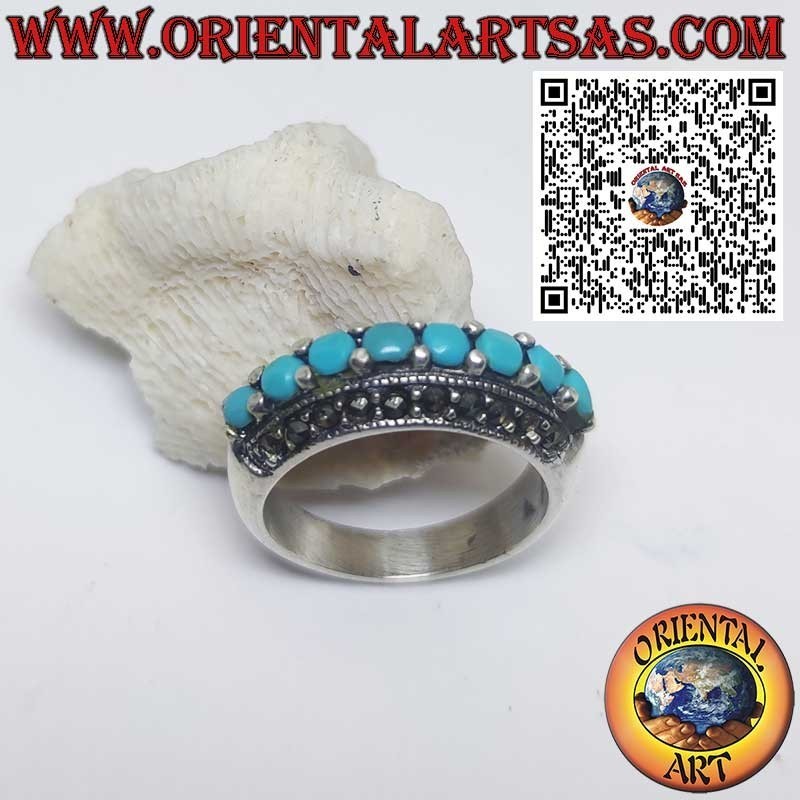 Silver band ring with turquoise and marcasite – Vintage look