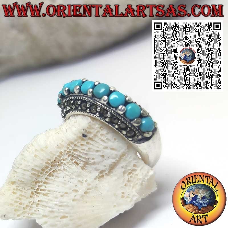 Anello argento fascia con turchesi e marcassite vintage