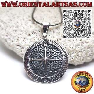 925 Sterling Silver Pendant with Compass Rose on Flower of Life, Greek Key Border – Ø 27 mm