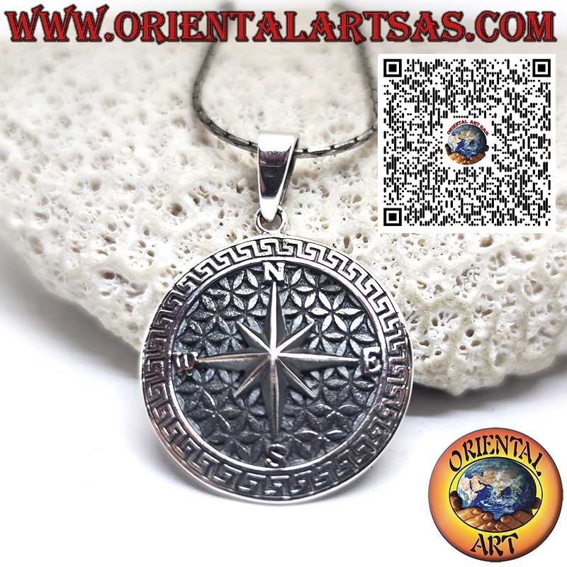 925 Sterling Silver Pendant with Compass Rose on Flower of Life, Greek Key Border – Ø 27 mm