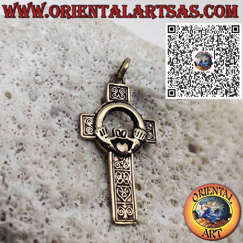 Bronze Celtic Cross Pendant with Claddagh Symbol – Love, Loyalty & Eternity