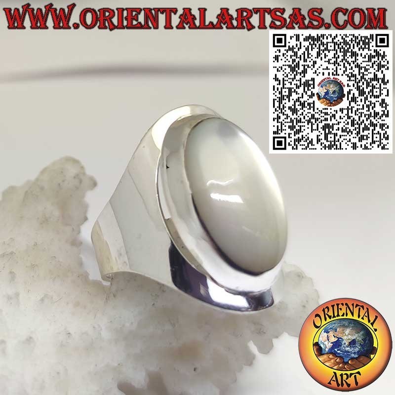 Breiter Silberring mit Ovalem Perlmutt-Cabochon