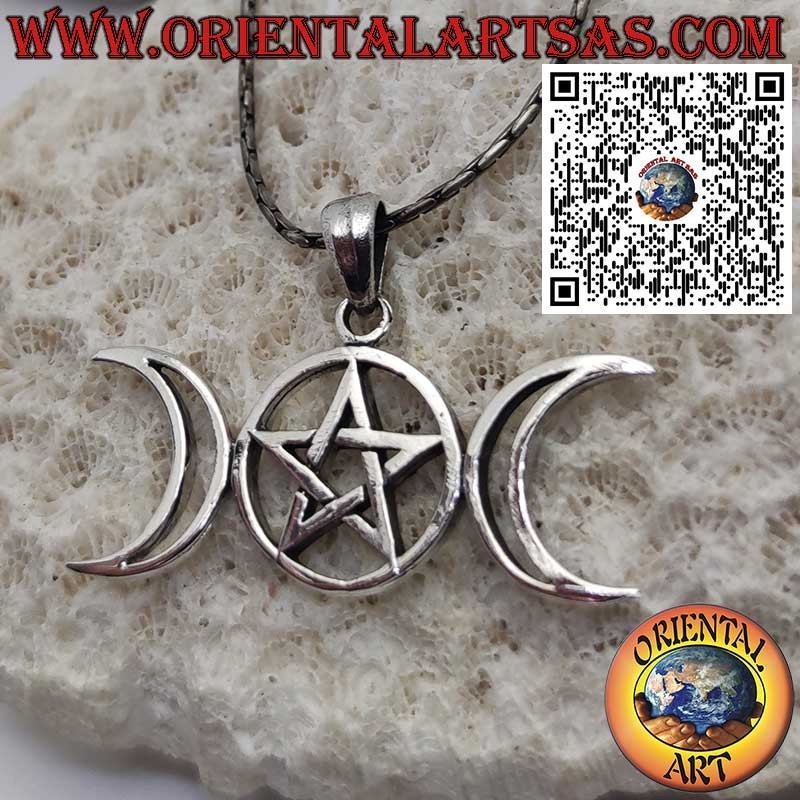 Pendentif en argent avec symbole de la Triple Déesse et pentacle