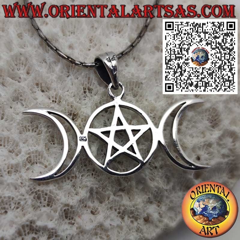 Colgante de plata con símbolo de la Triple Diosa y pentáculo