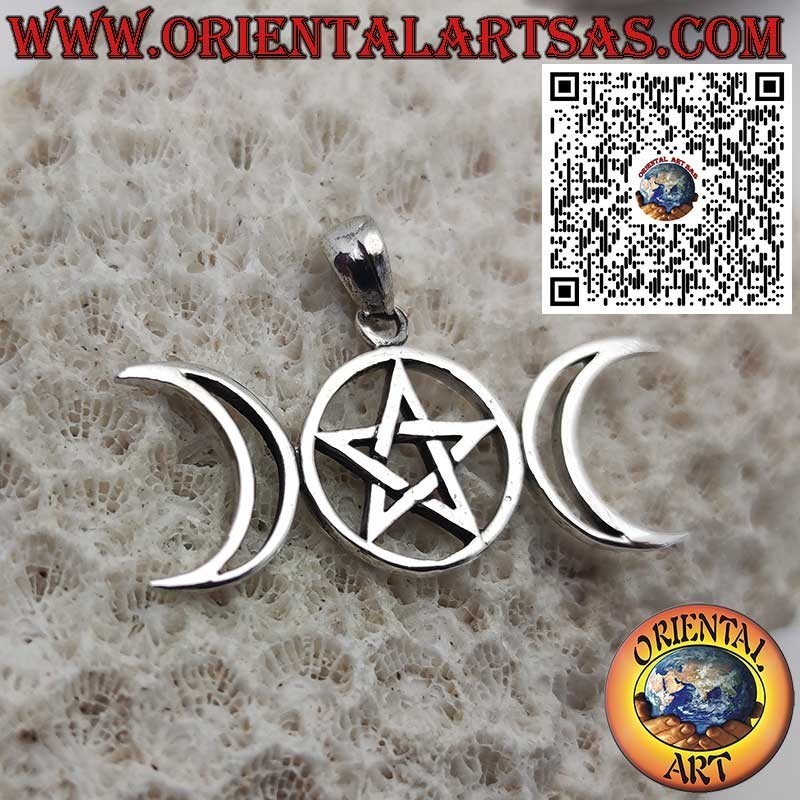 Pendentif en argent avec symbole de la Triple Déesse et pentacle