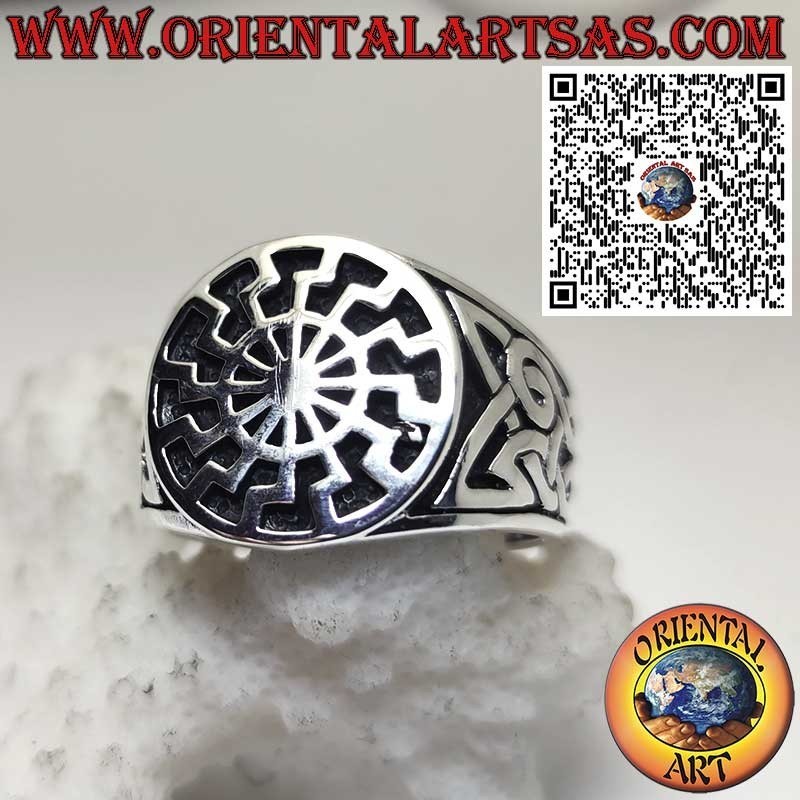 Silver Ring with Black Sun and Celtic Knots on Both Sides