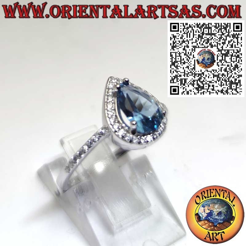 925 Sterling Silver Ring with Pear-Cut London Blue Topaz and Zircon Accents