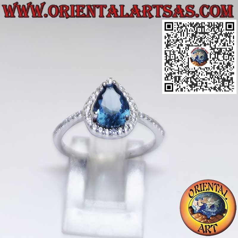 925 Sterling Silver Ring with Pear-Cut London Blue Topaz and Zircon Accents