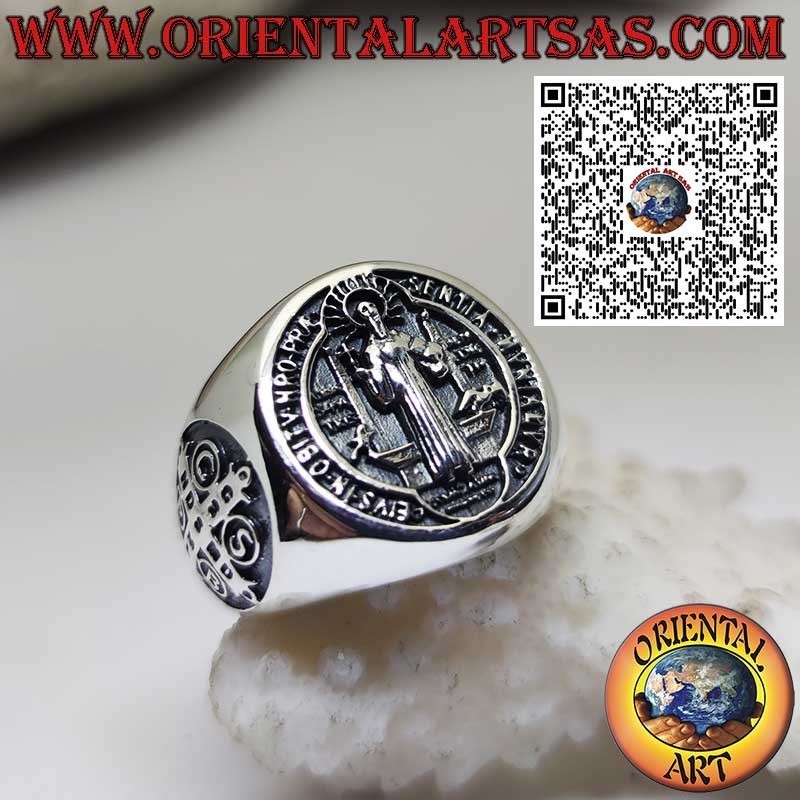 Bague en argent 925 avec Sceau de Saint Benoît et croix latérale – Bijou religieux et amulette de protection