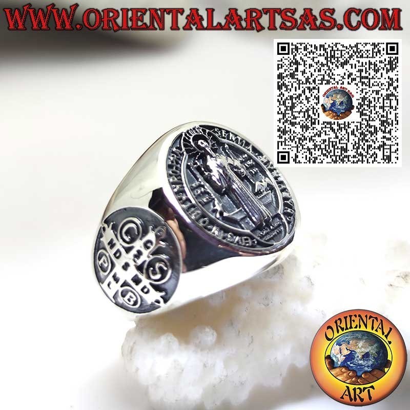 Anello in argento 925 con Sigillo di San Benedetto e croce laterale – Gioiello religioso e amuleto di protezione