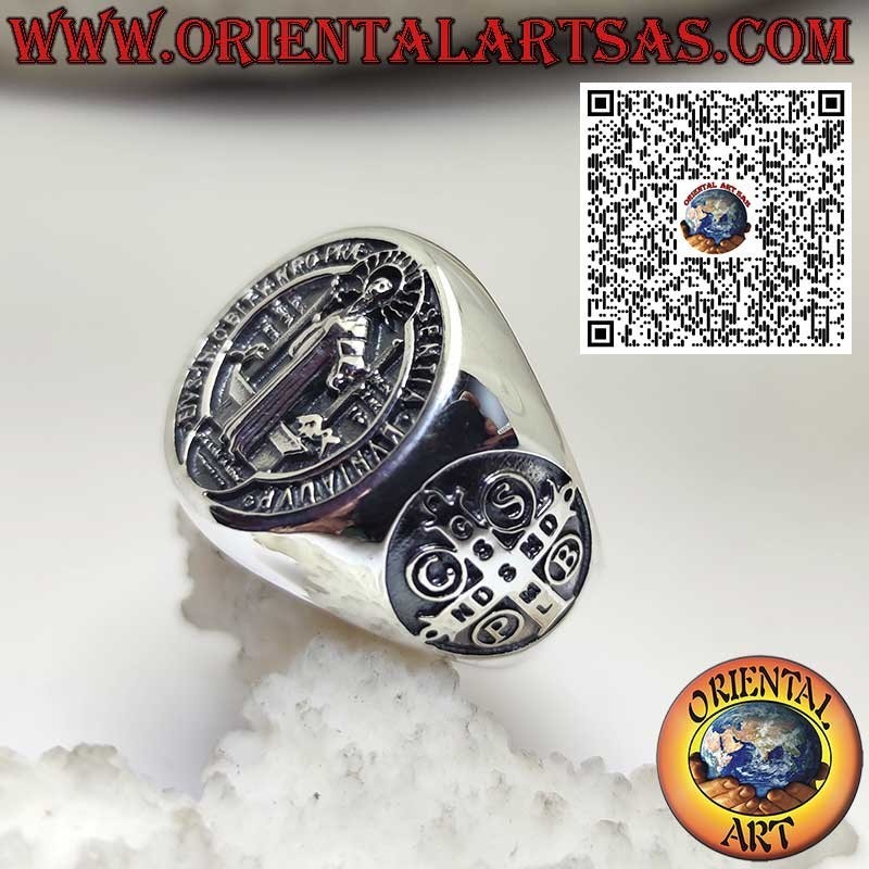 Sterlingsilber-Ring mit Benediktus-Siegel und Kreuz an den Seiten – Religiöser Schmuck und Schutzamulett