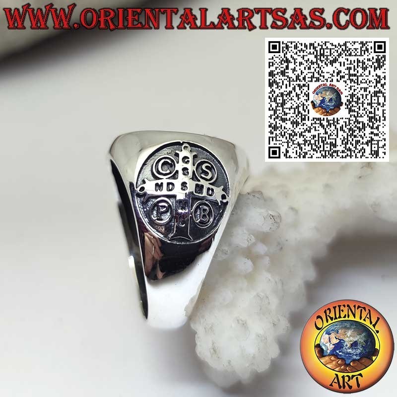 Bague en argent 925 avec Sceau de Saint Benoît et croix latérale – Bijou religieux et amulette de protection